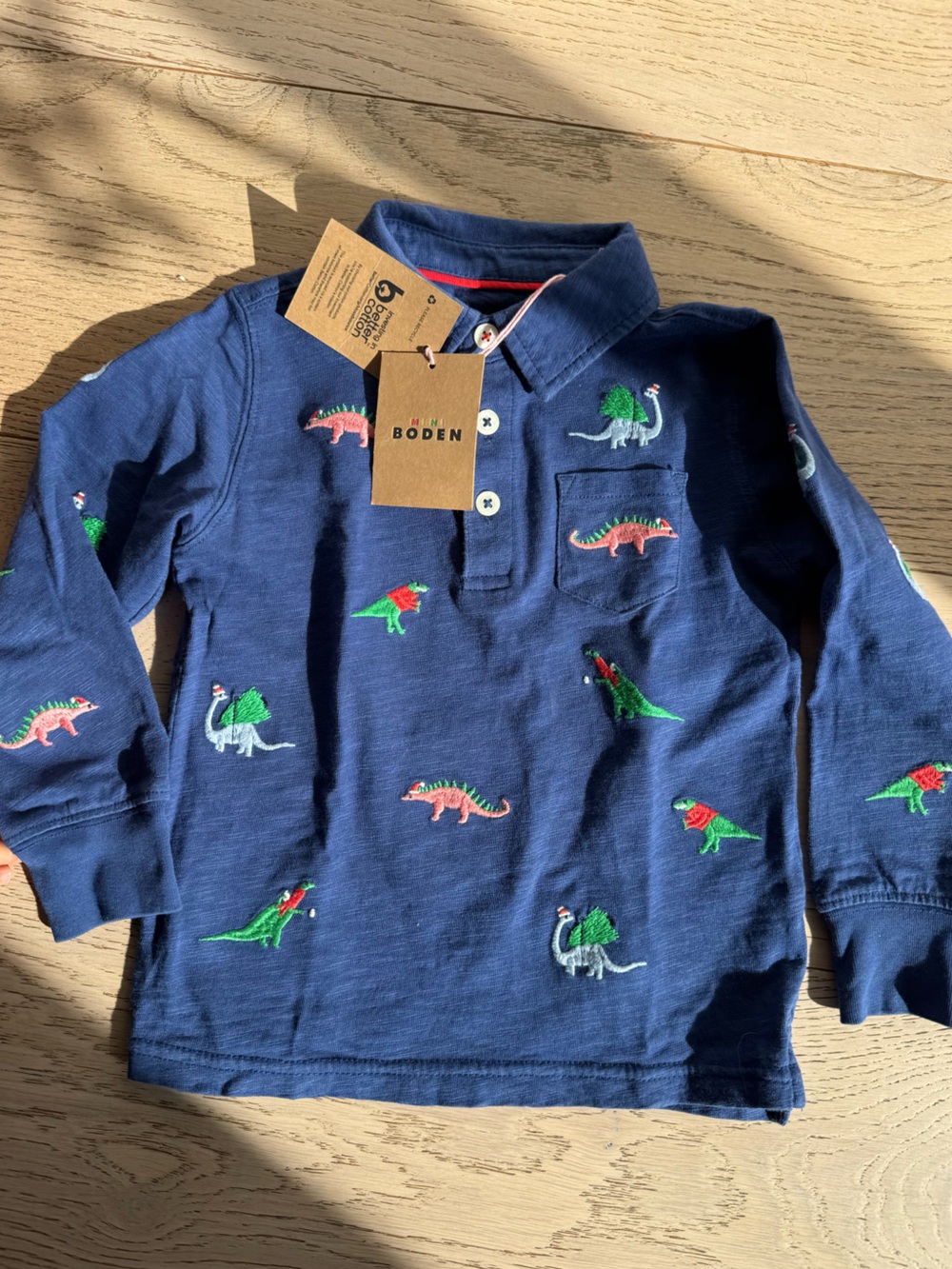 Mini Boden Blue Long-Sleeve Polo with Holiday Dinosaur Embroidery Sz: 3-4 Year